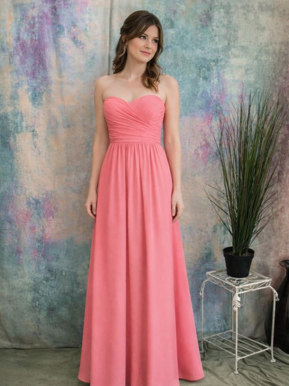 📌Jasmine B2 Strapless Chiffon Melon Color Bridesmaid - Prom - Formal Dress